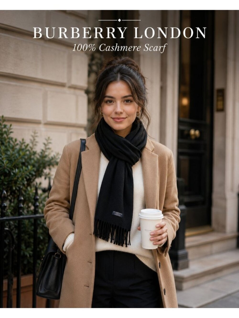 Burberry London 100% Cashmere Rectangle Scarf Black Fringe Made In England